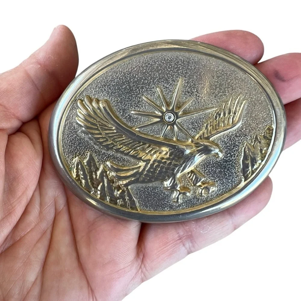 VTG Tooled Leather Western Eagle Belt Oval Silver Tone Buckle Mexico Size 44